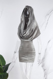 Grey Sexy Casual Solid Backless Hooded Collar Sleeveless Two Pieces