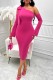 Rose Red Casual Solid Backless Oblique Collar Long Sleeve Dresses