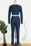 Deep Blue Sexy Solid Hollowed Out Patchwork O Neck Long Sleeve Two Pieces