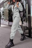 Grey Casual Solid Patchwork Zipper Collar Regular Jumpsuits