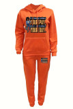 Orange Casual Print Patchwork Draw String Pocket Hooded Collar Long Sleeve Two Pieces