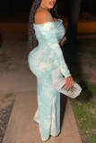 Light Blue Casual Print Tie-dye Off the Shoulder Long Dress Dresses
