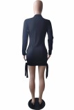 Blue Casual Letter Embroidered O Neck One Step Skirt Dresses