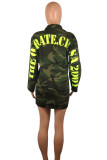 Green Casual Letter Camouflage Print Patchwork Pocket Buckle Turndown Collar Outerwear