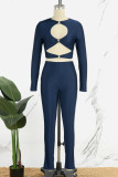 Deep Blue Sexy Solid Hollowed Out Patchwork O Neck Long Sleeve Two Pieces