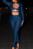 Deep Blue Sexy Solid Hollowed Out Patchwork O Neck Long Sleeve Two Pieces