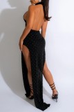 Black Sexy Solid See-through Backless Slit Halter Long Dress (Subject To The Actual Object,With Panties)