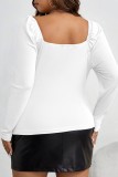 White Casual Solid Hollowed Out V Neck Plus Size Tops