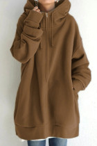 Coffee Casual Solid Basic Hooded Collar Outerwear