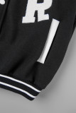 White Casual Letter Patchwork Pocket Buckle O Neck Outerwear