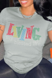 Light Gray Street Daily Print Patchwork O Neck T-Shirts