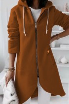 Coffee Casual Solid Patchwork Zipper Hooded Collar Outerwear