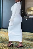 White Casual Solid Patchwork Feathers Turndown Collar Long Dress Dresses