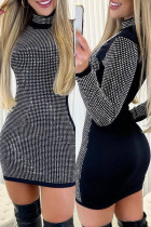 Black Sexy Patchwork Hot Drill Turtleneck Long Sleeve Dresses