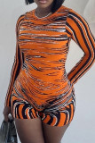 Orange Casual Print Basic O Neck Skinny Rompers