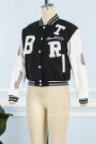 White Casual Letter Patchwork Pocket Buckle O Neck Outerwear
