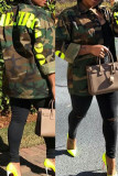 Green Casual Letter Camouflage Print Patchwork Pocket Buckle Turndown Collar Outerwear