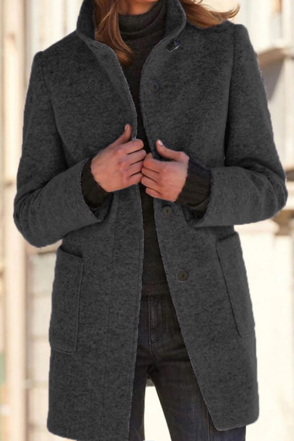 Black Casual Solid Cardigan Mandarin Collar Outerwear