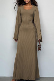 Brownness Casual Solid Patchwork U Neck Long Dress Dresses