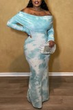 Light Blue Casual Print Tie-dye Off the Shoulder Long Dress Dresses