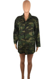 Green Casual Letter Camouflage Print Patchwork Pocket Buckle Turndown Collar Outerwear
