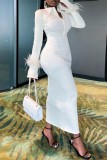 White Casual Solid Patchwork Feathers Turndown Collar Long Dress Dresses