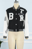 White Casual Letter Patchwork Pocket Buckle O Neck Outerwear
