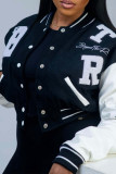 White Casual Letter Patchwork Pocket Buckle O Neck Outerwear