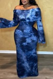 Light Blue Casual Print Tie-dye Off the Shoulder Long Dress Dresses