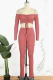 Brick Red Sexy Casual Solid Backless Off the Shoulder Long Sleeve Two Pieces