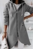 Coffee Casual Solid Patchwork Zipper Hooded Collar Outerwear