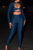 Deep Blue Sexy Solid Hollowed Out Patchwork O Neck Long Sleeve Two Pieces