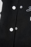 White Casual Letter Patchwork Pocket Buckle O Neck Outerwear