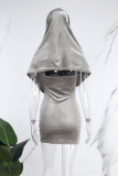 Grey Sexy Casual Solid Backless Hooded Collar Sleeveless Two Pieces