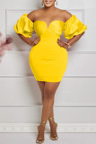Red Sexy Solid Backless Off the Shoulder One Step Skirt Dresses