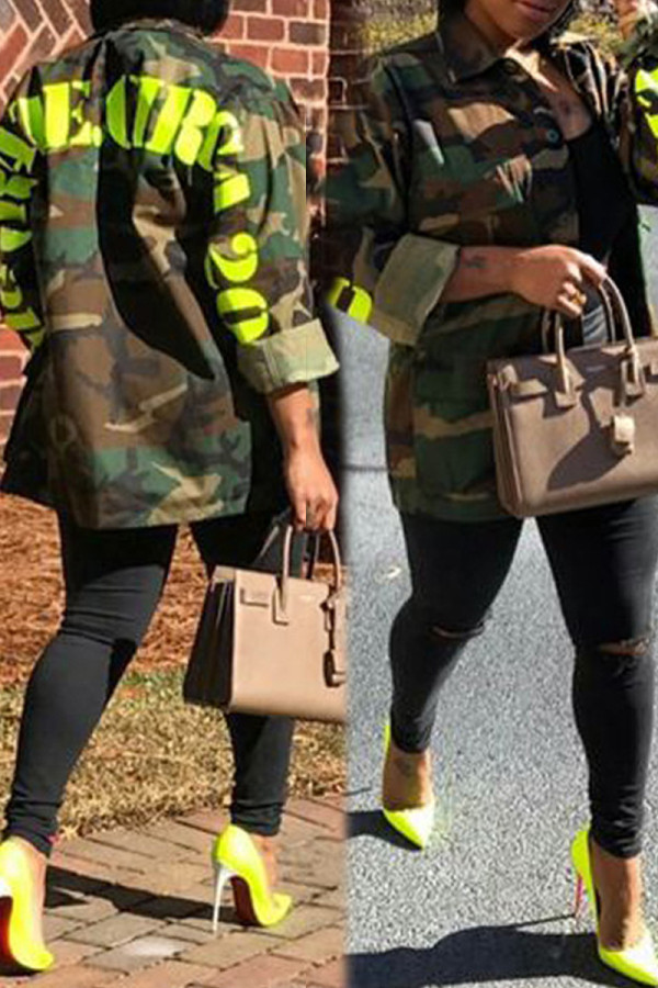 Green Casual Letter Camouflage Print Patchwork Pocket Buckle Turndown Collar Outerwear