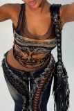 Black Casual Print Basic U Neck Tops
