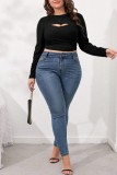 Black Casual Solid Hollowed Out O Neck Plus Size Tops