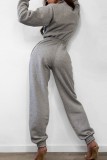 Grey Casual Solid Patchwork Zipper Collar Regular Jumpsuits