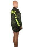 Green Casual Letter Camouflage Print Patchwork Pocket Buckle Turndown Collar Outerwear
