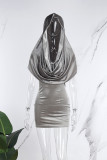 Grey Sexy Casual Solid Backless Hooded Collar Sleeveless Two Pieces