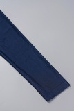 Deep Blue Sexy Solid Hollowed Out Patchwork O Neck Long Sleeve Two Pieces