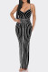 Black Sexy Solid Patchwork Backless Hot Drill Spaghetti Strap Long Dress Dresses