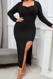 Black Casual Solid Slit Square Collar Long Sleeve Plus Size Dresses