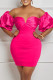 Rose Red Sexy Solid Backless Off the Shoulder One Step Skirt Dresses