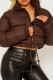 Brown Celebrities Solid Patchwork Draw String Zipper Mandarin Collar Outerwear