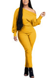 Yellow Fashion Casual Adult Solid One Shoulder Skinny Jumpsuits