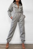 Grey Casual Solid Patchwork Zipper Collar Regular Jumpsuits