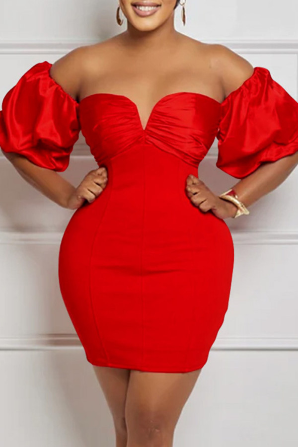 Red Sexy Solid Backless Off the Shoulder One Step Skirt Dresses