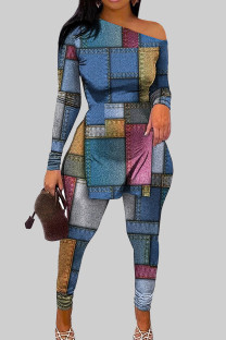 Multicolor Casual Print Patchwork Slit Oblique Collar Long Sleeve Two Pieces